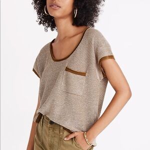 Madewell Watermoor Green Brown Striped Pocket Short Drop Sleeve Top Medium